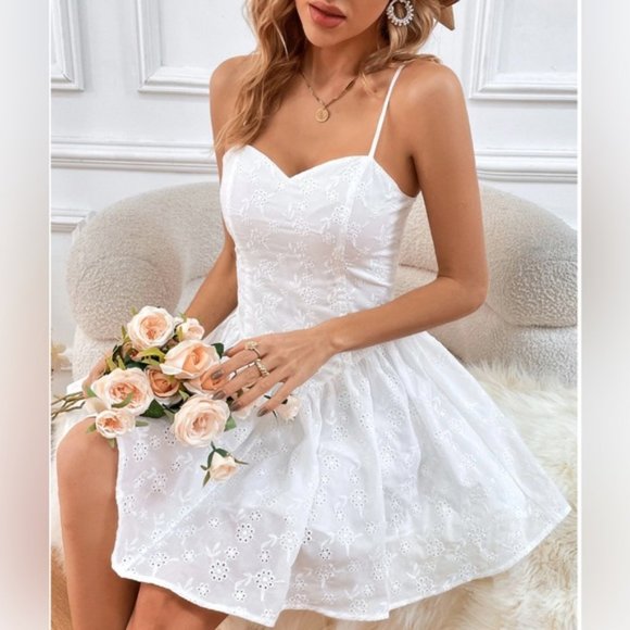 White Floral Eyelet Embroidery Cami Dress - Picture 2 of 9